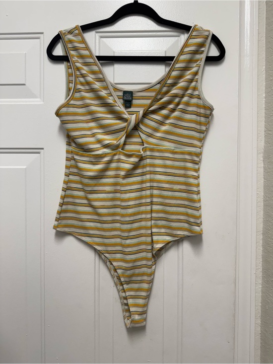 wild fable Tops - wild fable Yellow and White Striped Twist-Front One-Piece Bodysuit